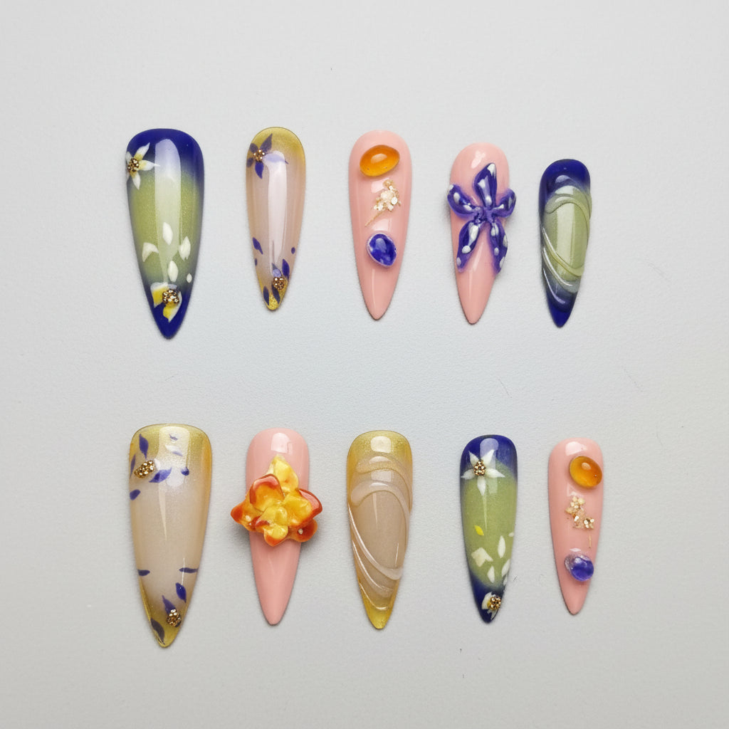 Xiguranail press on nails, 3D petals press on nails, reusable nails, coffin false nails, custom press on nails, handmade nail art