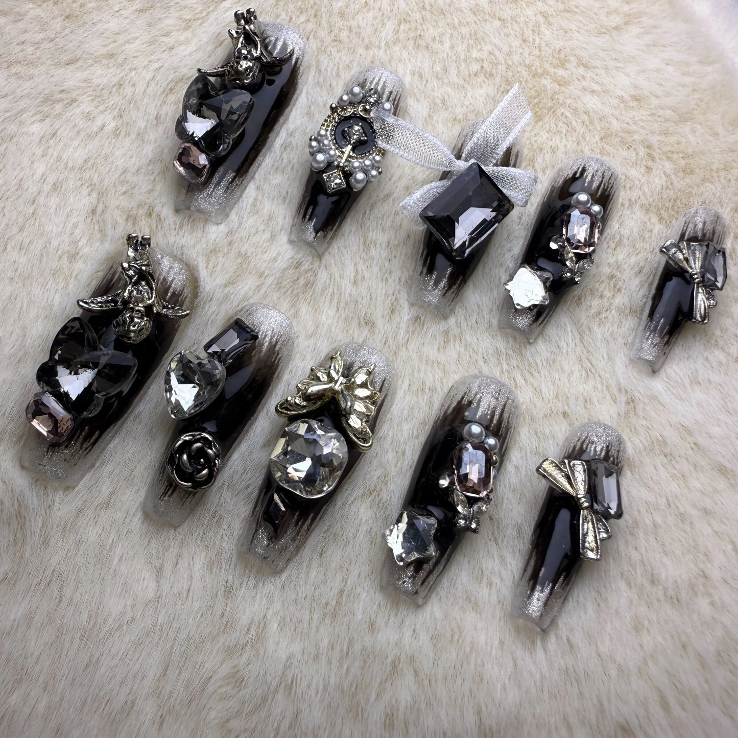 Xiguranail Handmade gel nails, 3D false nails, black press on nails, french nials, french tip nails, reusable press ons