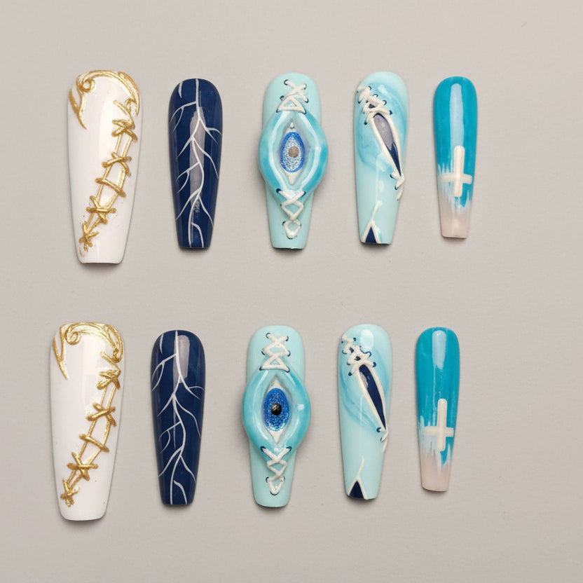 Xiguranail, Handmade press on nails, 3D nail art, blue false nails, reusable press ons, gel nails, acrylic nails, All Saints' Day eyes nails