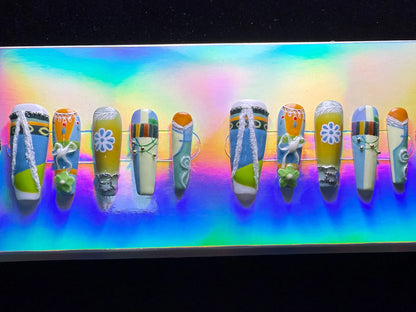 Xiguranail, Handmade press on nails, 3D nail art, blue false nails, reusable press ons, french tip nails