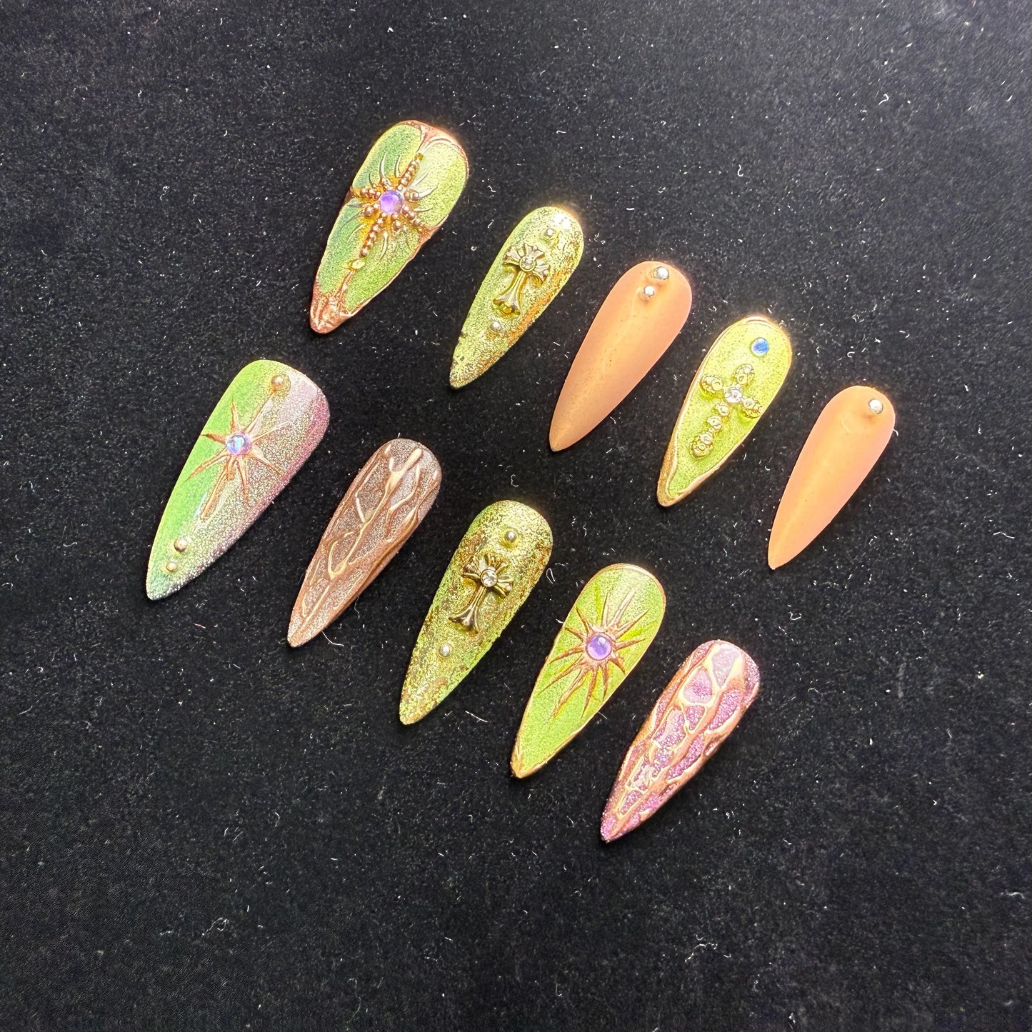Xiguranail, Green acrylic nails, french tips, french tip nails, 3D nail art, reusable press on nails