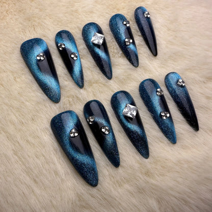 Xiguranail Blue press on nails, diamonds nails, handmade nail art，acrylic nails, french tips nails