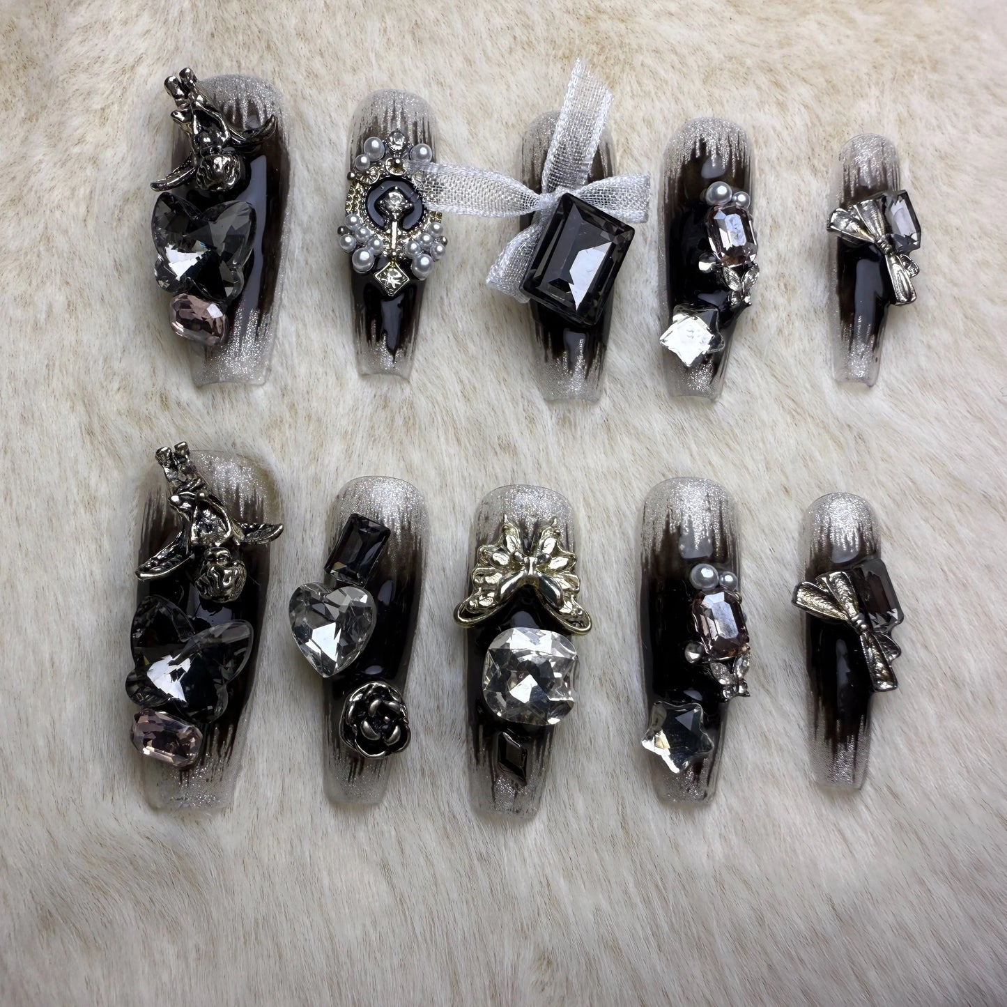 Xiguranail Handmade gel nails, 3D false nails, black press on nails, french nials, french tip nails, reusable press ons
