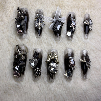 Xiguranail Handmade gel nails, 3D false nails, black press on nails, french nials, french tip nails, reusable press ons