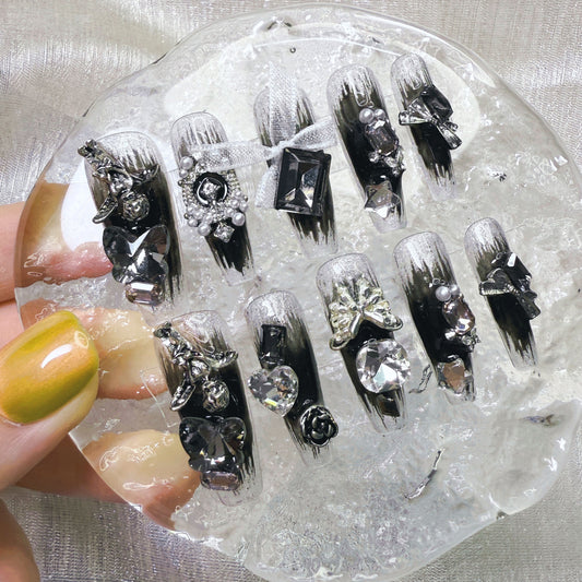 Xiguranail Handmade gel nails, 3D false nails, black press on nails, french nials, french tip nails, reusable press ons