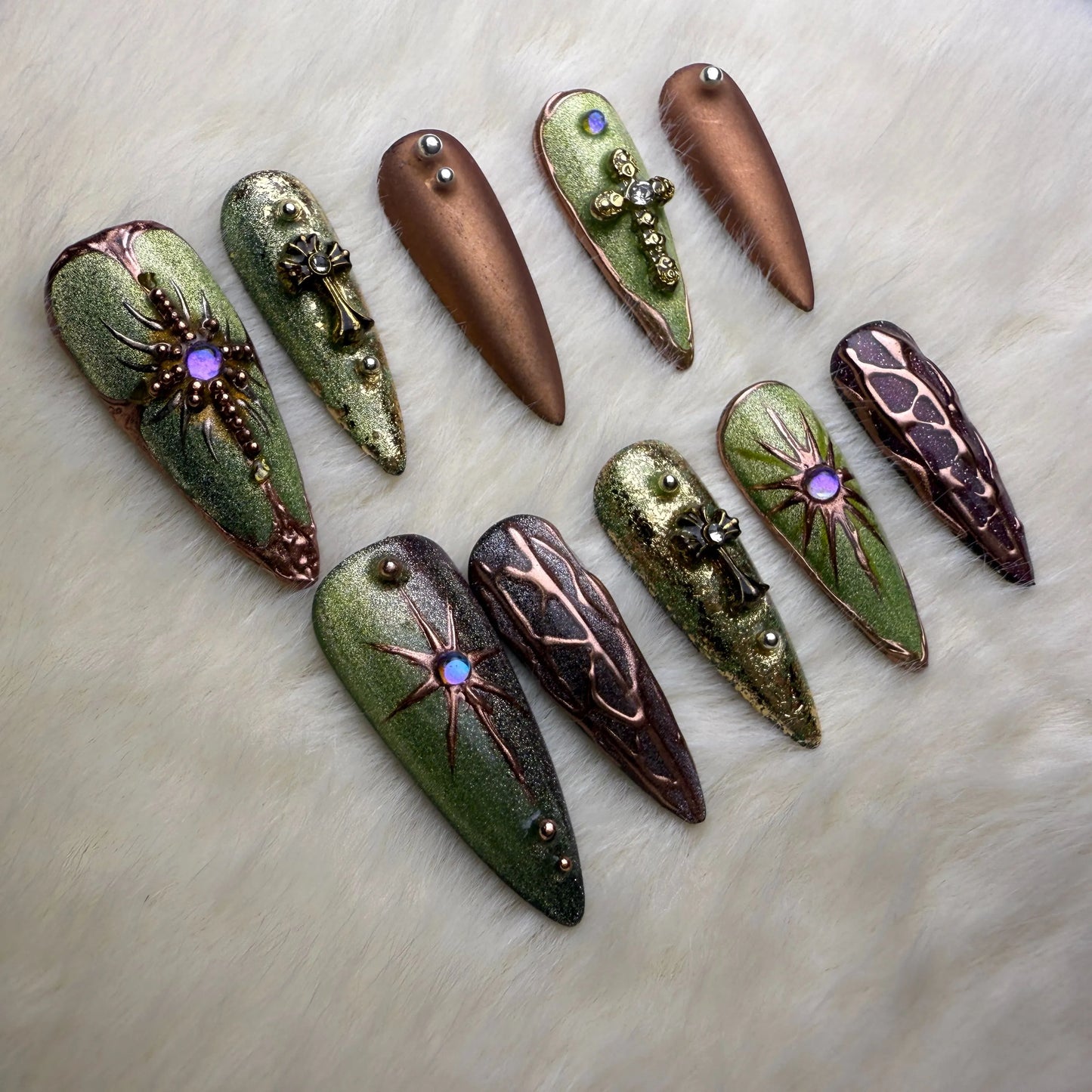 Xiguranail, Green acrylic nails, french tips, french tip nails, 3D nail art, reusable press on nails