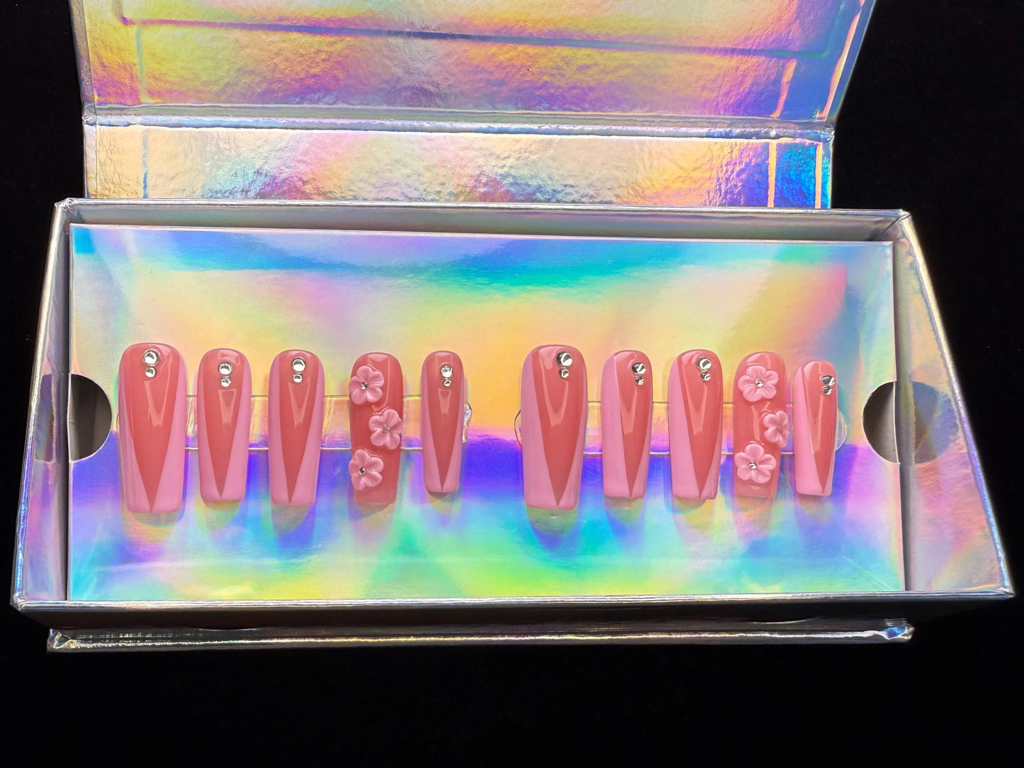 Xiguranail Pink petals nails, 3D gel press on nails, acrylic nails, french tips nails, handmande false nails