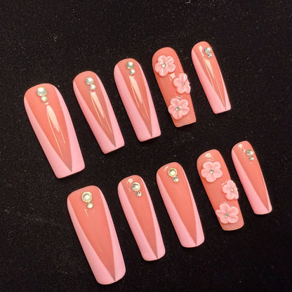 Xiguranail Pink petals nails, 3D gel press on nails, acrylic nails, french tips nails, handmande false nails