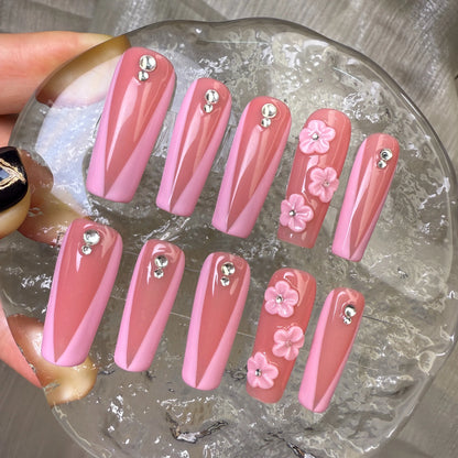 Xiguranail Pink petals nails, 3D gel press on nails, acrylic nails, french tips nails, handmande false nails