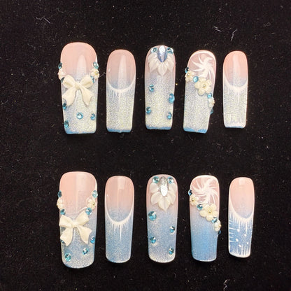 Xiguranail Pink Bow nails, 3D press on nails, reusable nails,coffin false nails, custom press on nails