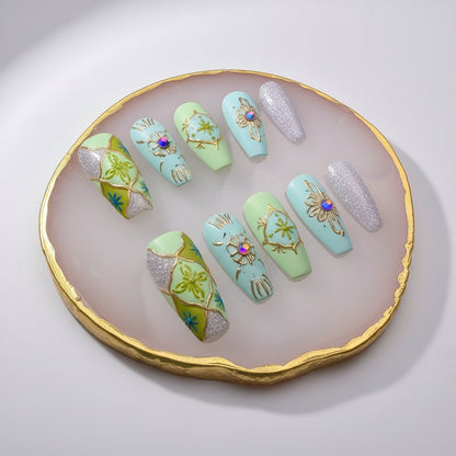Xiguranail, Handmade press on nails, 3D nail art, blue false nails, reusable press ons, french tip nails, gel nails, acrylic nails