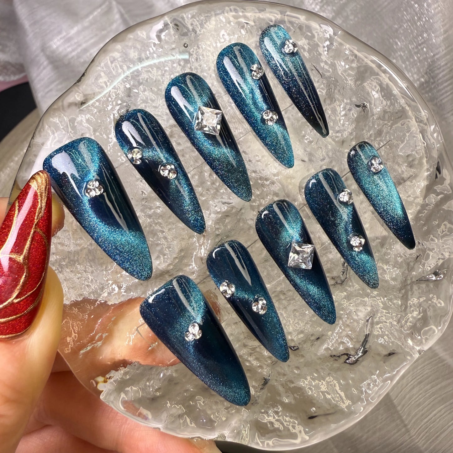 Xiguranail Blue press on nails, diamonds nails, handmade nail art，acrylic nails, french tips nails