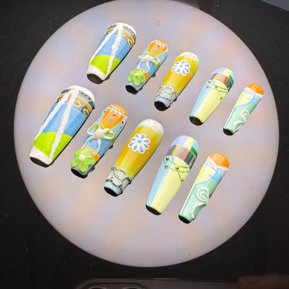 Xiguranail, Handmade press on nails, 3D nail art, blue false nails, reusable press ons, french tip nails