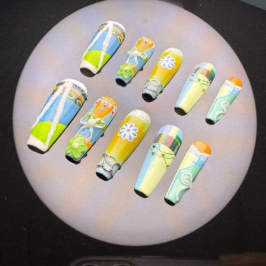 Xiguranail, Handmade press on nails, 3D nail art, blue false nails, reusable press ons, french tip nails