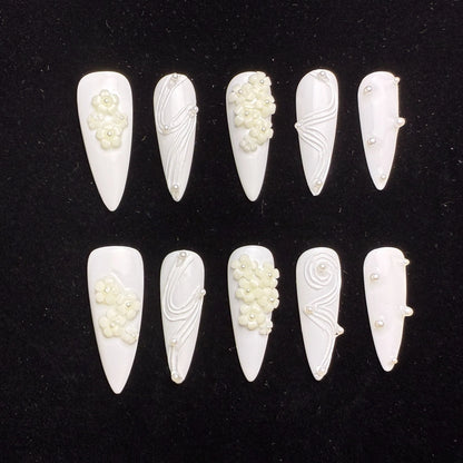 Xiguranail, White 3D petals nail art, girl handmade press on nails, stiletto nails, false nails, french tips, reusable press on nails