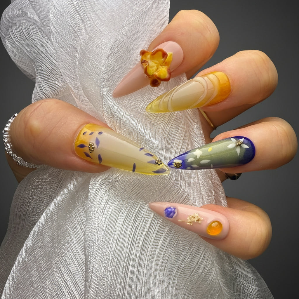 Xiguranail press on nails, 3D petals  press on nails, reusable nails, coffin false nails, custom press on nails, handmade nail art