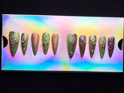 Xiguranail, Green acrylic nails, french tips, french tip nails, 3D nail art, reusable press on nails