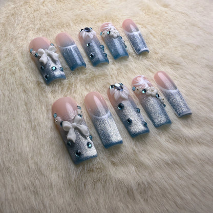 Xiguranail Pink Bow nails, 3D press on nails, reusable nails,coffin false nails, custom press on nails