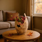 Xigura Patina handcrafted solid wood vase, main view in soft natural light for a warm, quiet home.