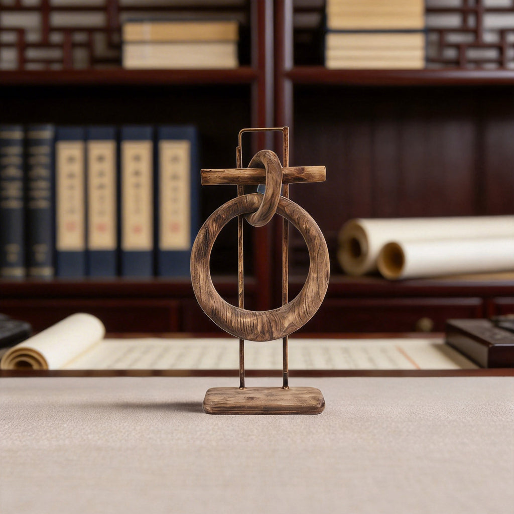 Xigura Patina handcrafted solid wood desktop sculpture, main view in soft natural light for a warm, quiet home.