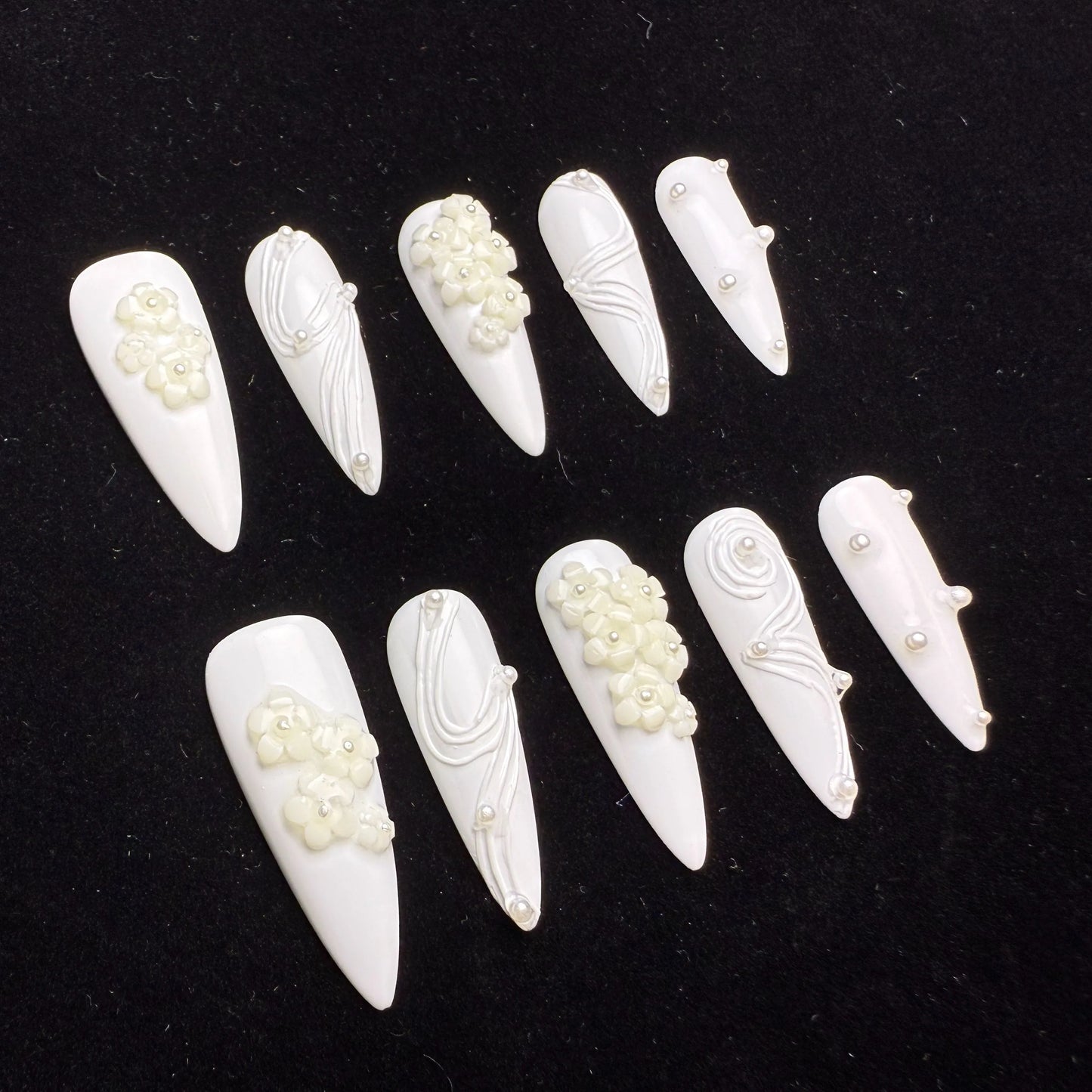 Xiguranail, White 3D petals nail art, girl handmade press on nails, stiletto nails, false nails, french tips, reusable press on nails