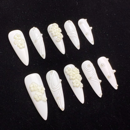 Xiguranail, White 3D petals nail art, girl handmade press on nails, stiletto nails, false nails, french tips, reusable press on nails