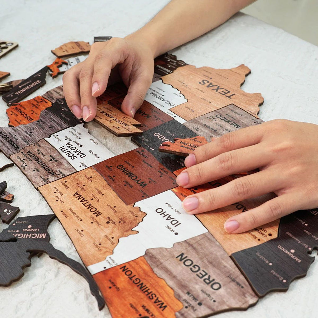 Xigura Patina handcrafted solid wood map puzzle, slow living setting for a warm, quiet home.