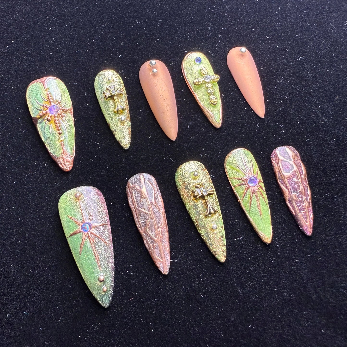 Xiguranail, Green acrylic nails, french tips, french tip nails, 3D nail art, reusable press on nails