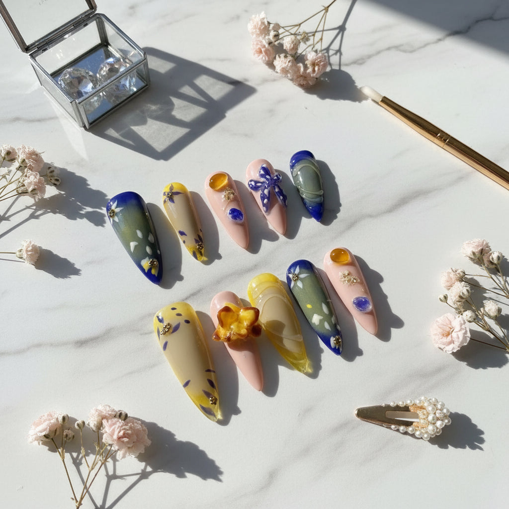 Xiguranail press on nails, 3D petals  press on nails, reusable nails, coffin false nails, custom press on nails, handmade nail art