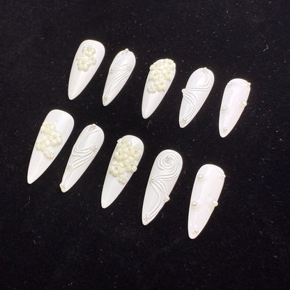 Xiguranail, White 3D petals nail art, girl handmade press on nails, stiletto nails, false nails, french tips, reusable press on nails