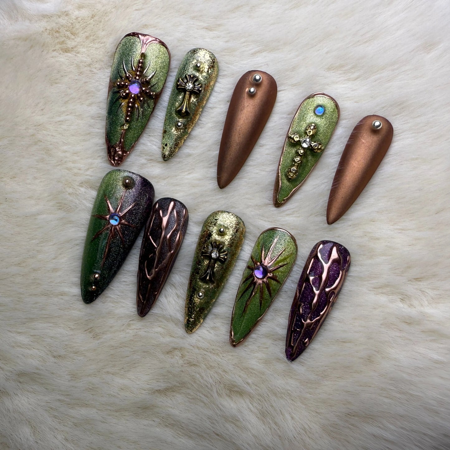 Xiguranail, Green acrylic nails, french tips, french tip nails, 3D nail art, reusable press on nails