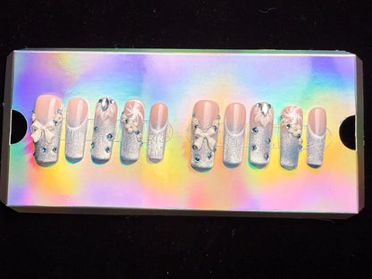 Xiguranail Pink Bow nails, 3D press on nails, reusable nails,coffin false nails, custom press on nails