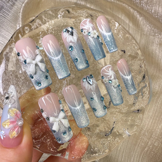 Xiguranail Pink Bow nails, 3D press on nails, reusable nails,coffin false nails, custom press on nails