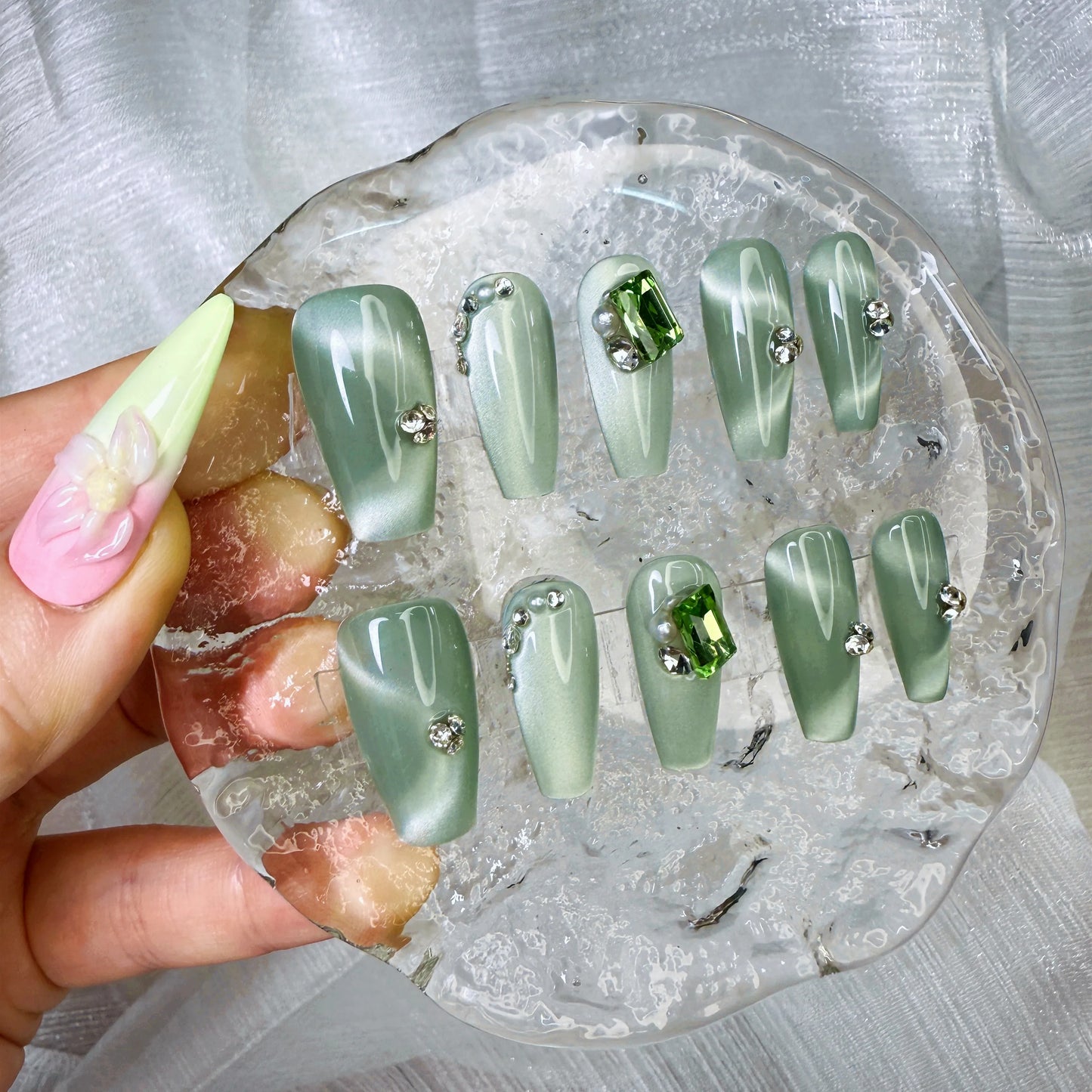 Xiguranail Cat eye nails, Handmade acrylic nails, 3D gel press on nails, Reusable false nails