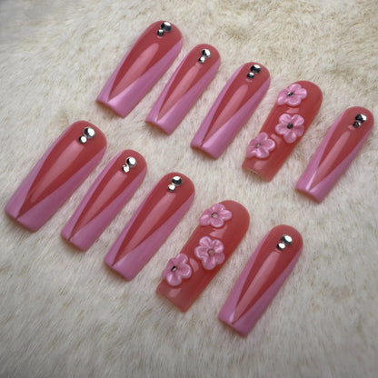 Xiguranail Pink petals nails, 3D gel press on nails, acrylic nails, french tips nails, handmande false nails