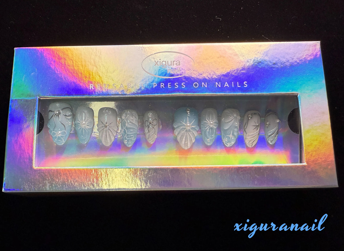 Xiguranail Blue press on nails, french tips, french tip nails, handmade gel nails, acrylic nails