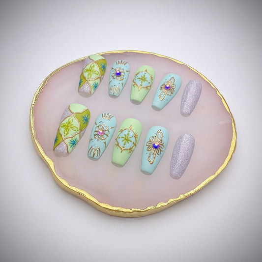Xiguranail, Handmade press on nails, 3D nail art, blue false nails, reusable press ons, french tip nails, gel nails, acrylic nails