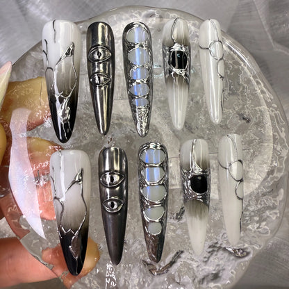 Xiguranail Black eyes nails, gel press on nails, 3D handmade nail art, frech tips,frech nails