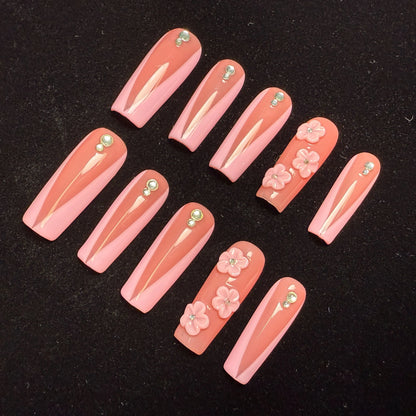 Xiguranail Pink petals nails, 3D gel press on nails, acrylic nails, french tips nails, handmande false nails