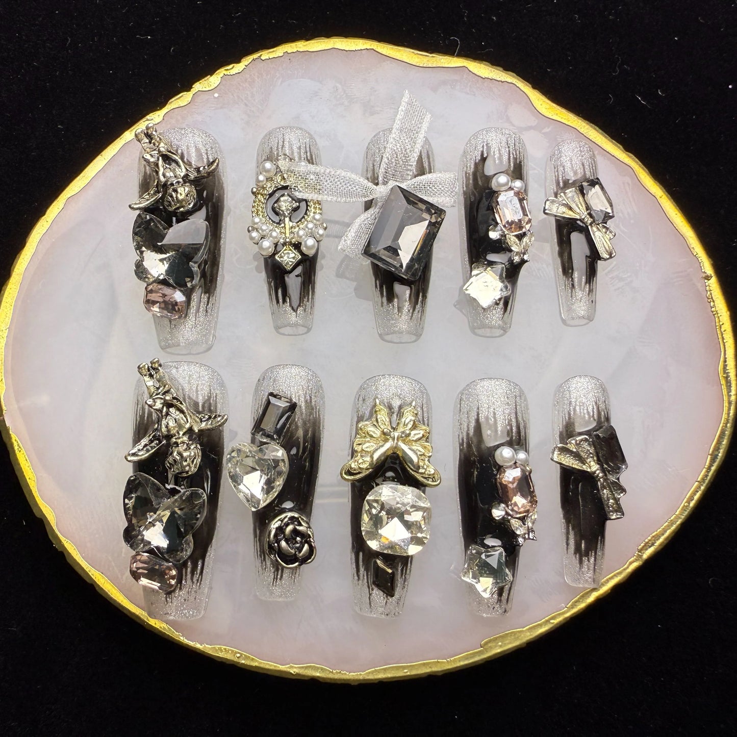 Xiguranail Handmade gel nails, 3D false nails, black press on nails, french nials, french tip nails, reusable press ons