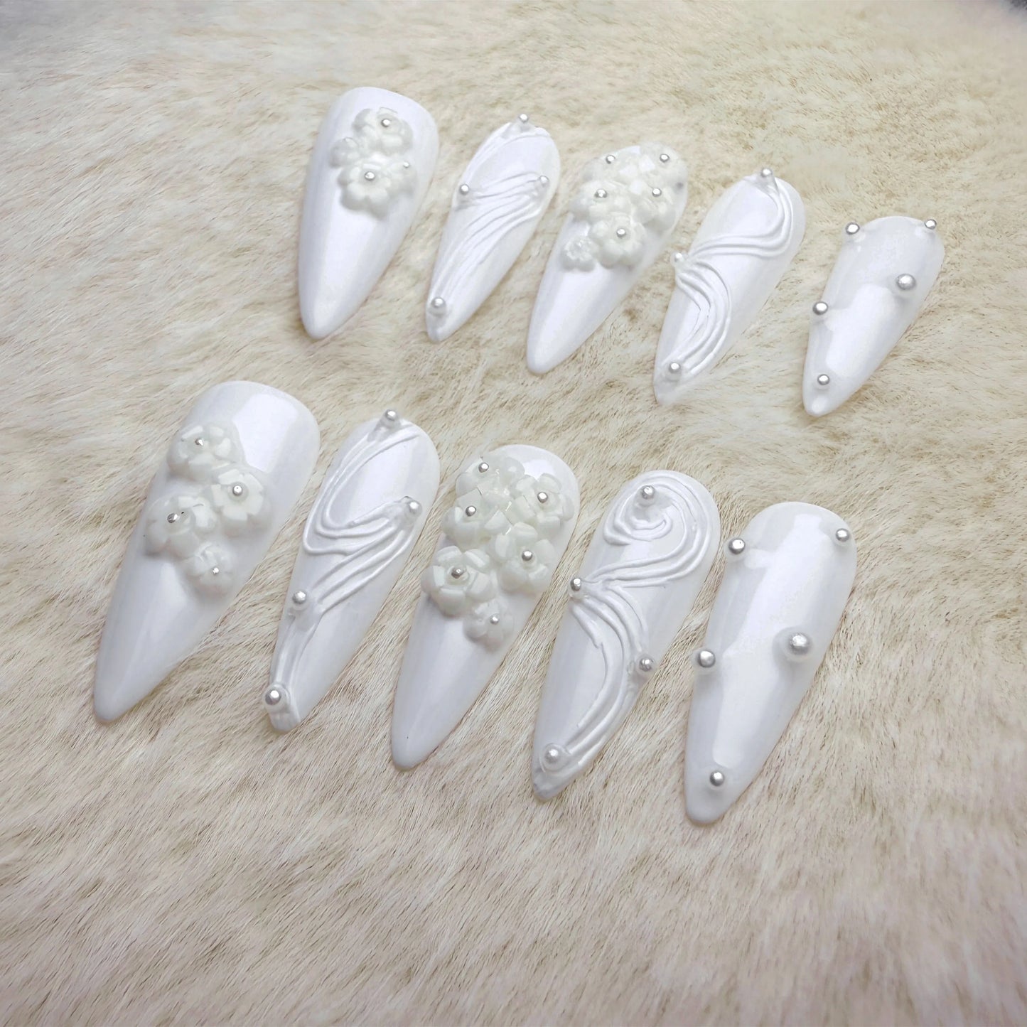 Xiguranail, White 3D petals nail art, girl handmade press on nails, stiletto nails, false nails, french tips, reusable press on nails