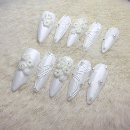 Xiguranail, White 3D petals nail art, girl handmade press on nails, stiletto nails, false nails, french tips, reusable press on nails