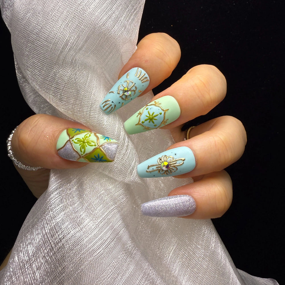 Xiguranail, Handmade press on nails, 3D nail art, blue false nails, reusable press ons, french tip nails, gel nails, acrylic nails