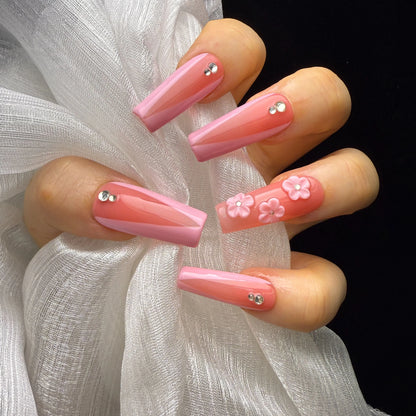 Xiguranail Pink petals nails, 3D gel press on nails, acrylic nails, french tips nails, handmande false nails