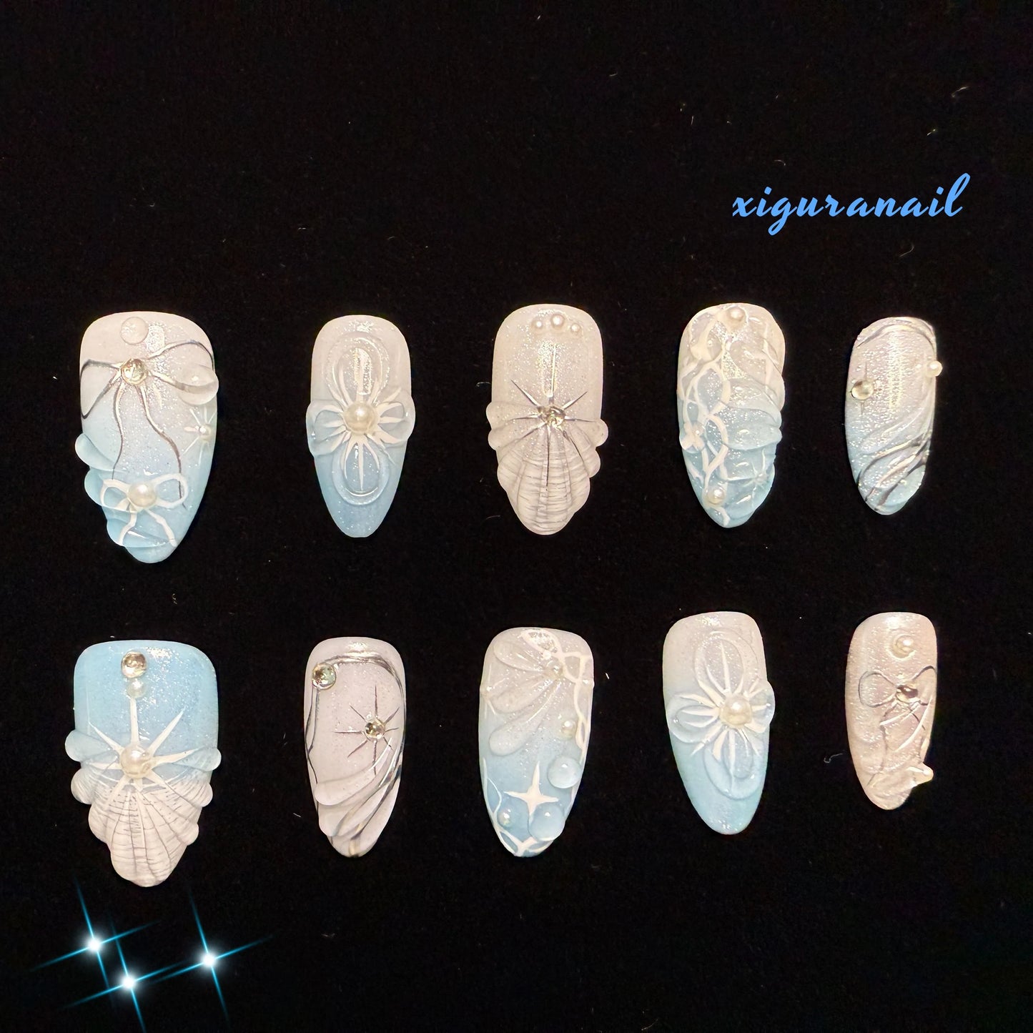 Xiguranail Blue press on nails, french tips, french tip nails, handmade gel nails, acrylic nails