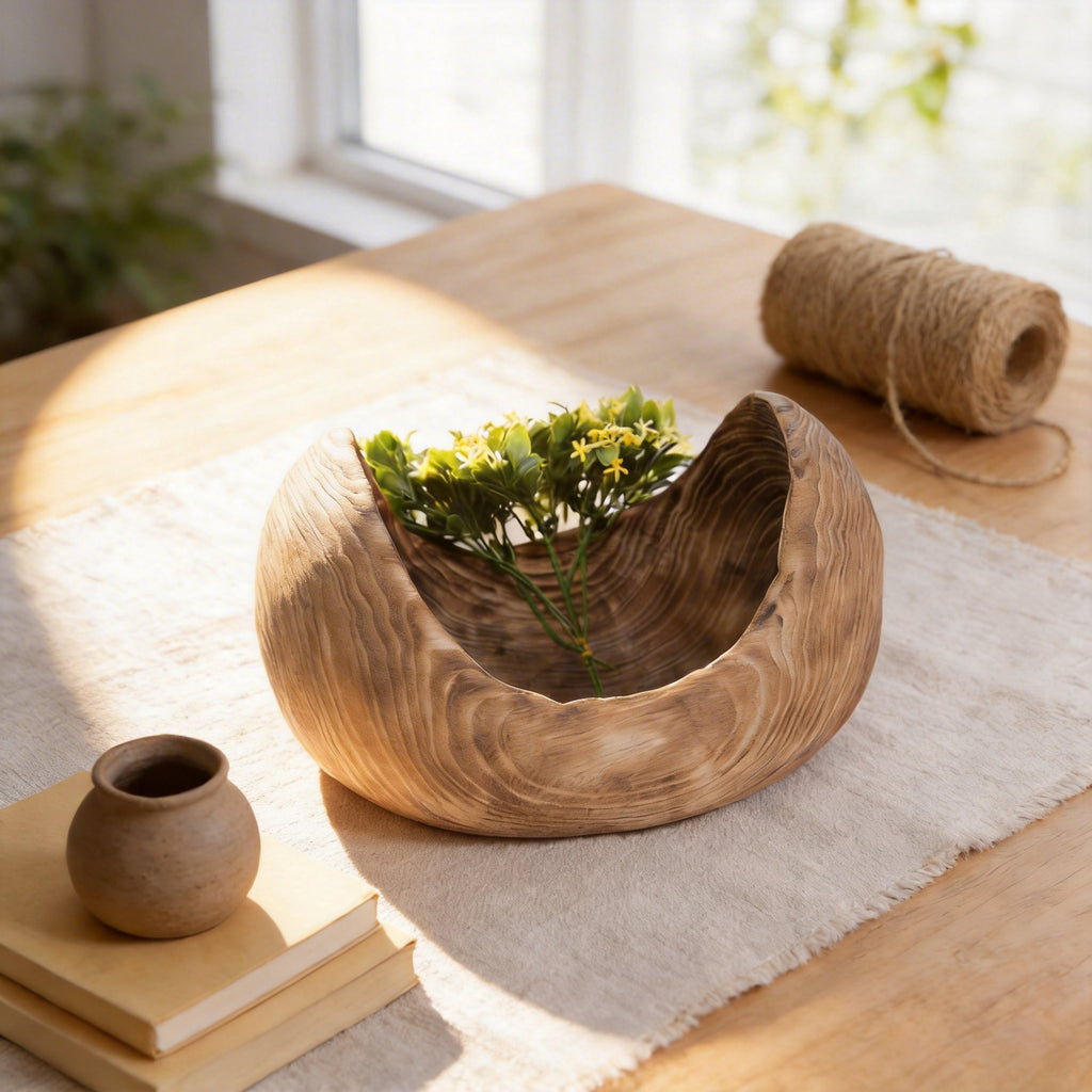Xigura Patina handcrafted solid wood plant pot, main view in soft natural light for a warm, quiet home.