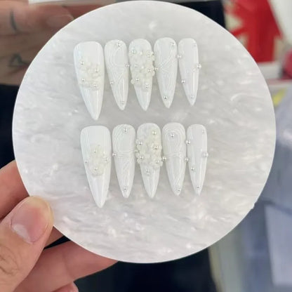 Xiguranail, White 3D petals nail art, girl handmade press on nails, stiletto nails, false nails, french tips, reusable press on nails
