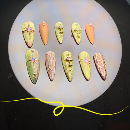 Xiguranail, Green acrylic nails, french tips, french tip nails, 3D nail art, reusable press on nails