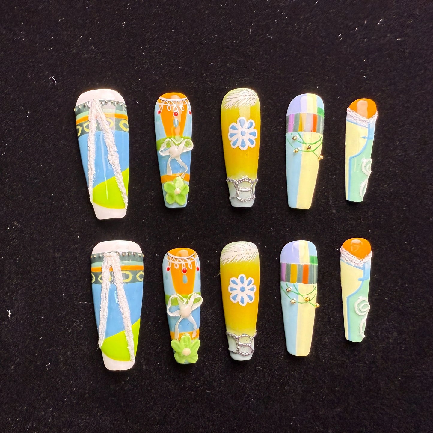 Xiguranail, Handmade press on nails, 3D nail art, blue false nails, reusable press ons, french tip nails