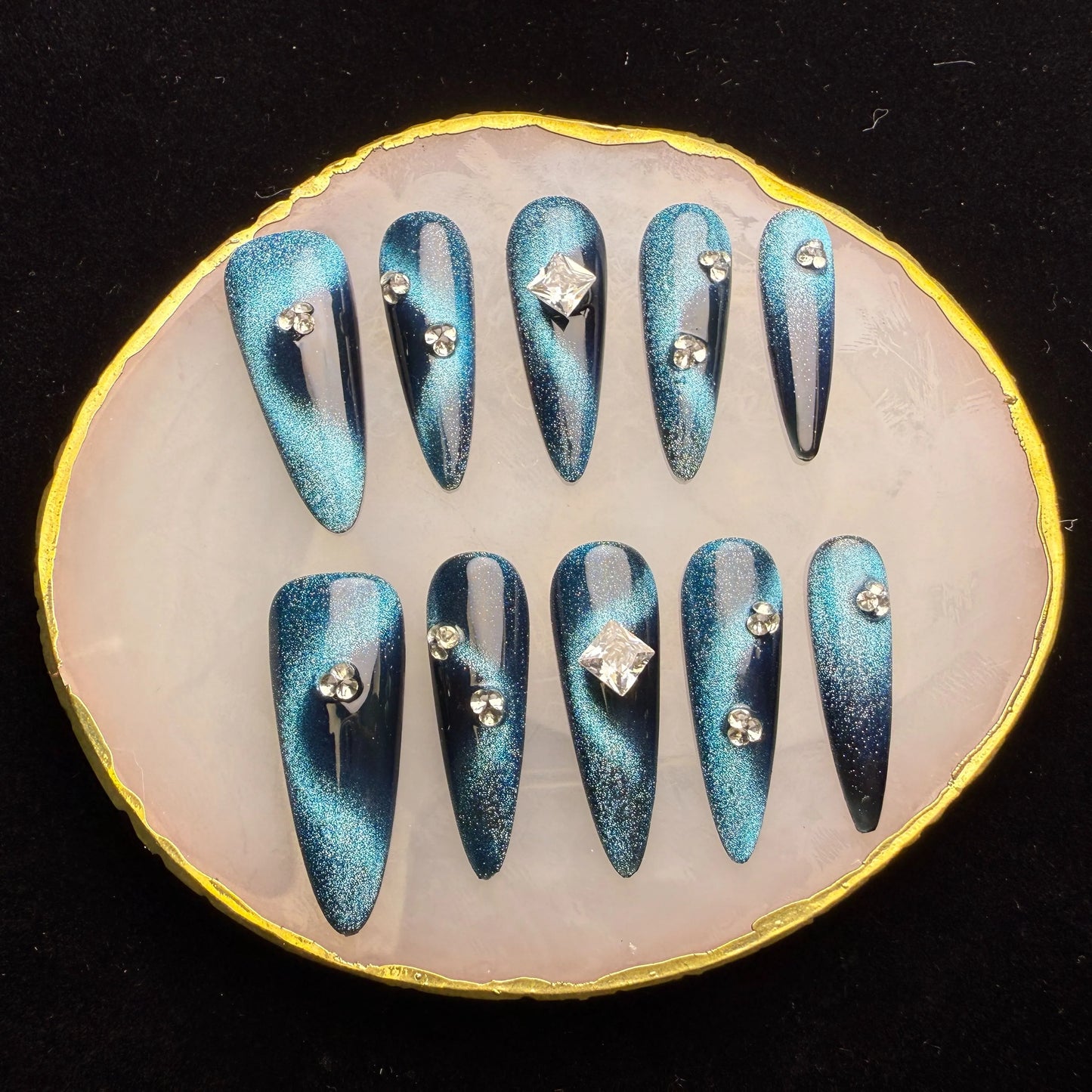 Xiguranail Blue press on nails, diamonds nails, handmade nail art，acrylic nails, french tips nails
